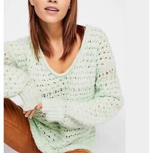 Free People Crashing Waves Mint Green Sweater Sz S Open Chunky Knit Relaxed Cozy
